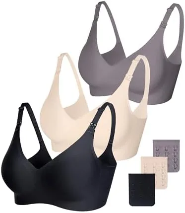 vinfact 3 pack smooth nursing bras for breastfeeding seamless maternity bras for pregnancy wireless bralette with extra bra extender mblackbeigegrey